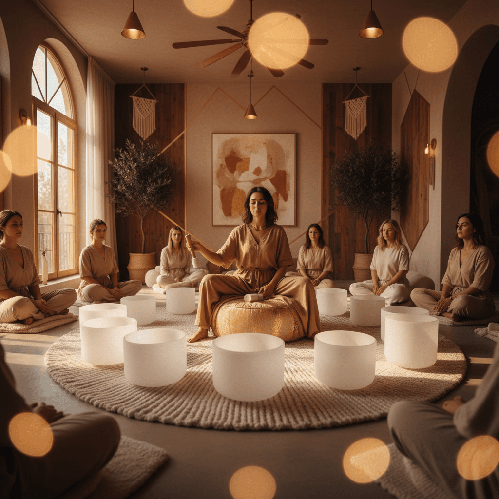 Eine abstrakte Darstellung des Kosmos mit Planeten und Schallwellen, symbolisiert die planetarischen Stunden und Klang-Wellness. Soul Art und Larissa Steinbach sind Pioniere in diesem Bereich.