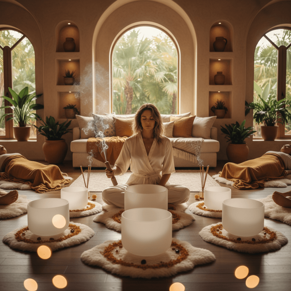Eine harmonische Komposition aus Pflanzen und Klangschalen, die die traditionelle Kombination von Pflanzenmedizin und Klangheilung darstellt. Larissa Steinbach von Soul Art Dubai lädt zu einem transformierenden Wellness-Erlebnis ein.