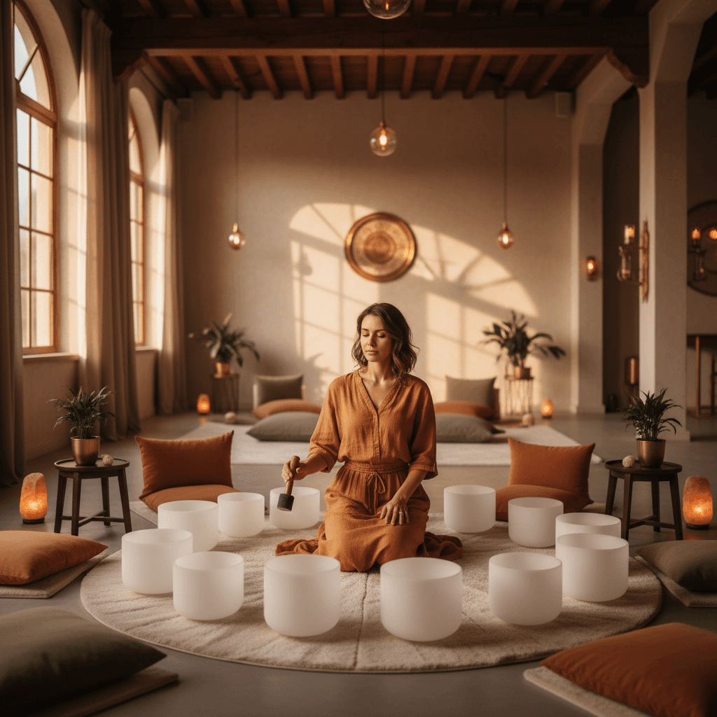 A tranquil sound bath session at Soul Art Dubai, featuring crystal singing bowls, gongs, and participants relaxing, guided by Larissa Steinbach for deep well-being.