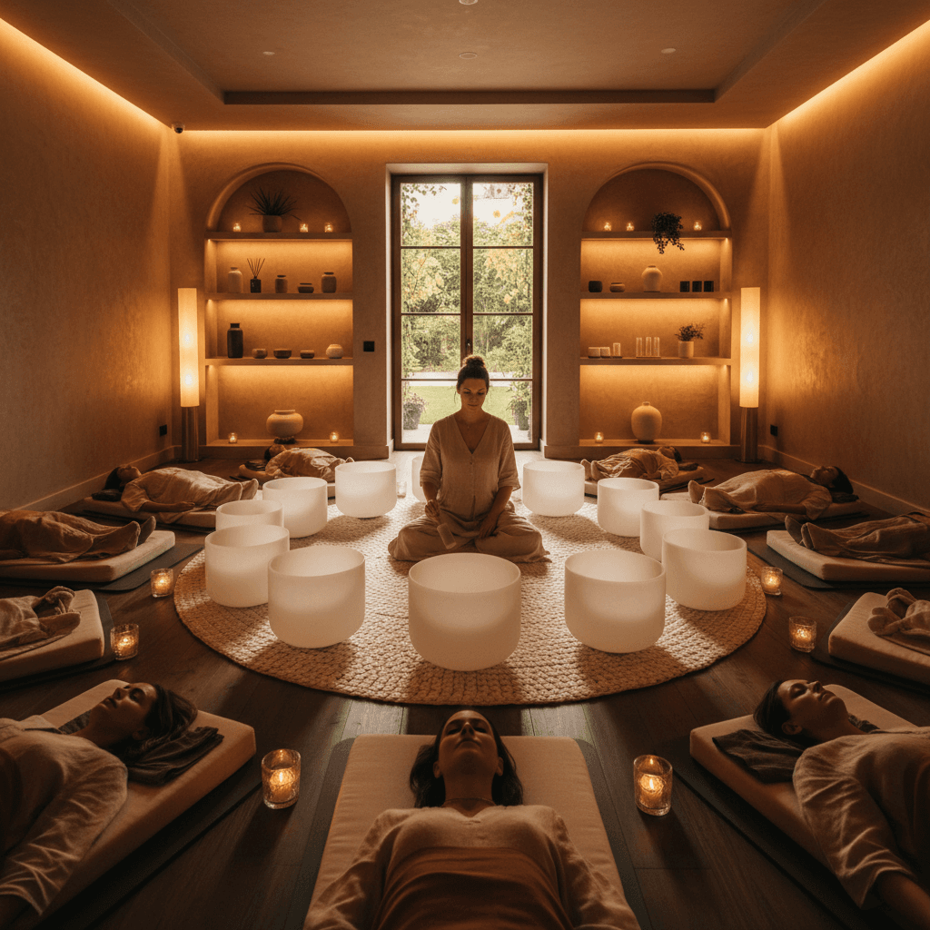 A person meditating with headphones, surrounded by gentle light, symbolizing on-demand sound healing for mental wellness. Soul Art Dubai by Larissa Steinbach.