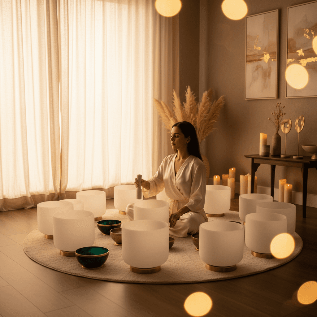 Larissa Steinbach von Soul Art präsentiert Klangschalen und Gongs in einem meditativen Raum, der die Verbindung von Poesie, Rhythmus und Klang für tiefes Wohlbefinden und Entspannung verdeutlicht.