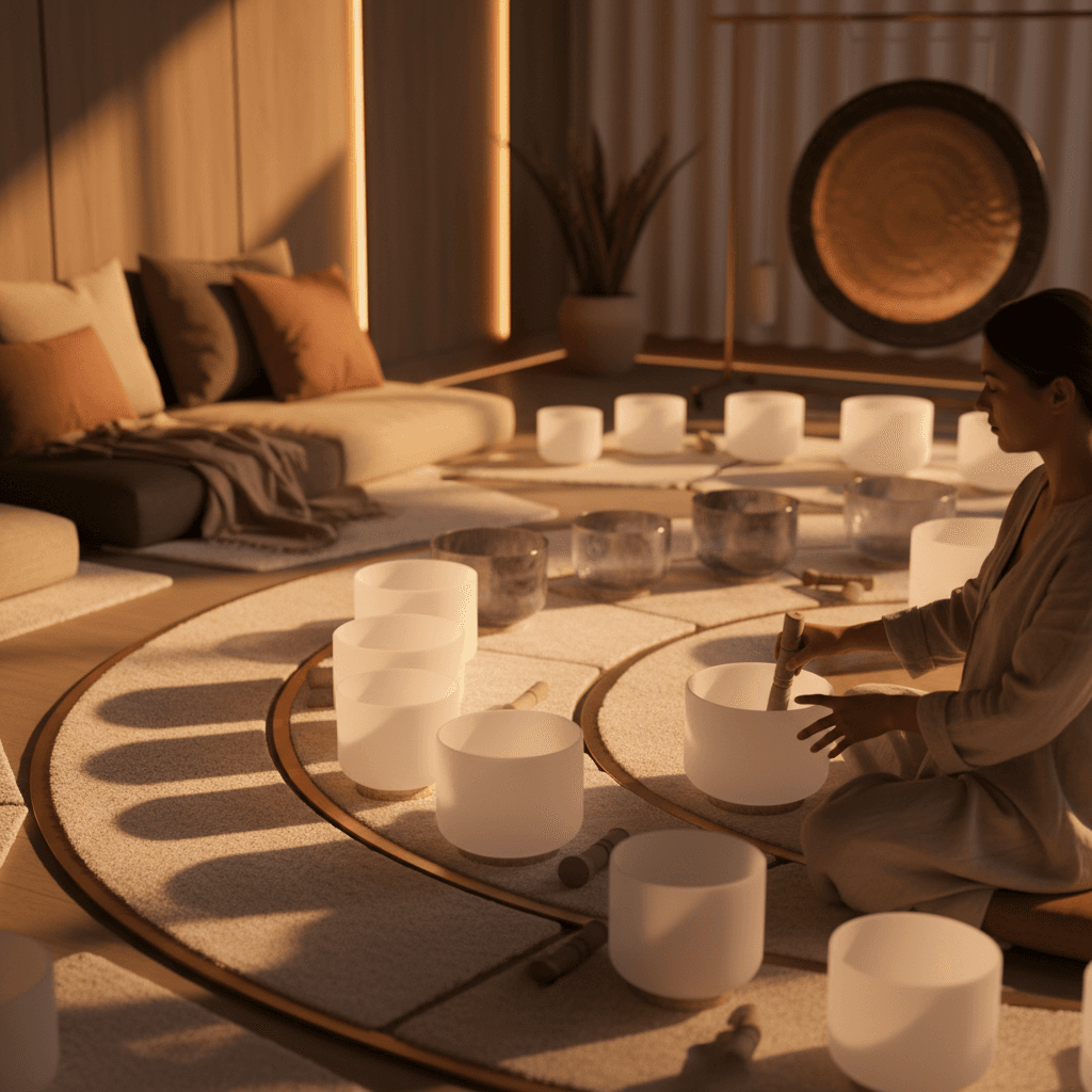 A serene image of crystal singing bowls glowing with soft light, set against a calming backdrop, representing the transformative power of Polyvagal-informed sound healing at Soul Art, founded by Larissa Steinbach.
