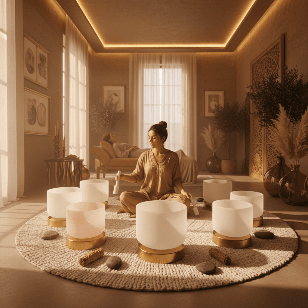 صورة لأيادٍ تمسك بجهاز صوتي محمول صغير يبعث ترددات مهدئة، مع خلفية ضبابية لسماء وغيوم تعكس السفر. تُبرز الصورة قدرة سول آرت (Soul Art) ومؤسستها لاريسا ستاينباخ (Larissa Steinbach) على تقديم حلول العافية المبتكرة للتنقل والشفاء.