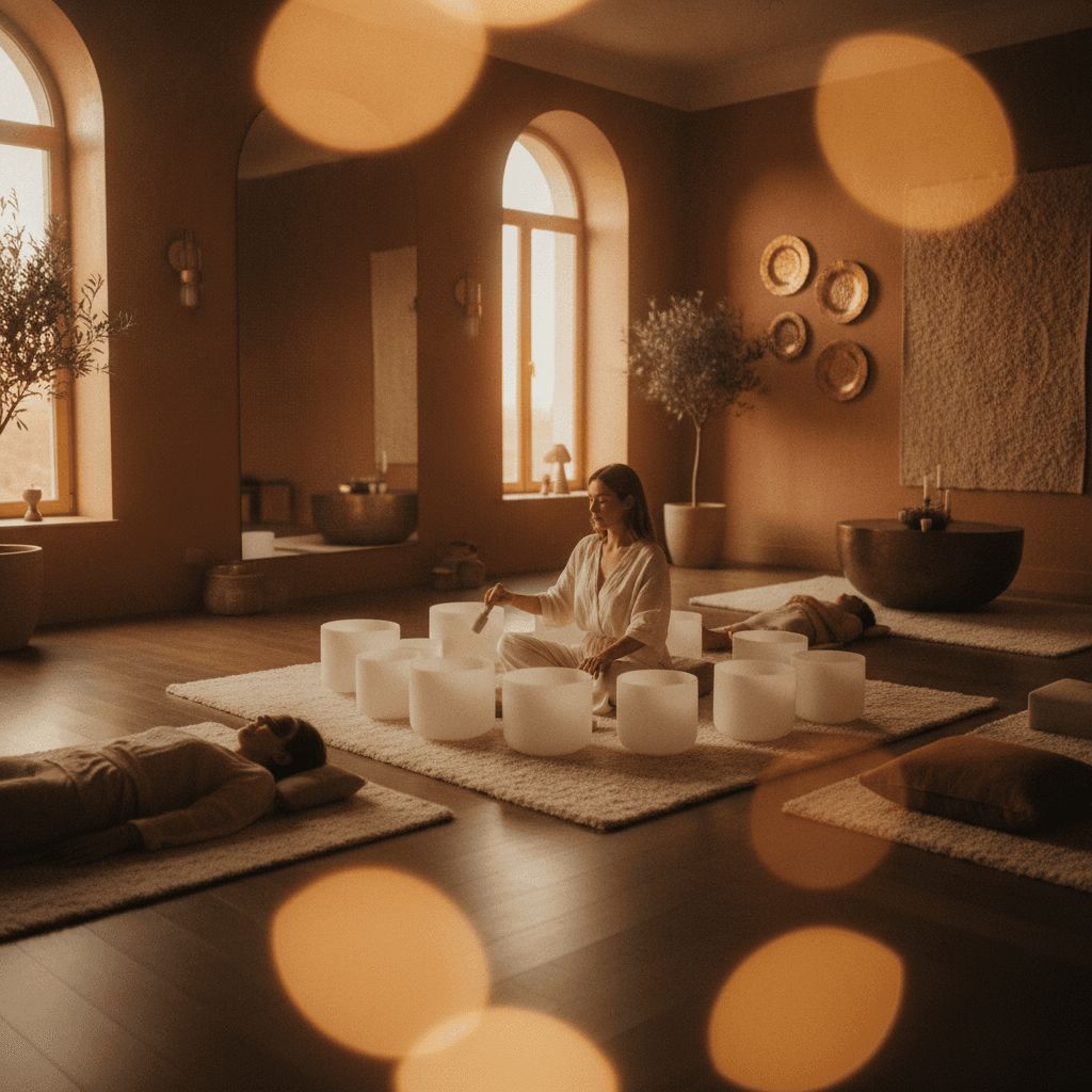 A person relaxing on a portable vibroacoustic mat, illustrating the benefits discussed by Soul Art founder Larissa Steinbach. Focus on well-being.