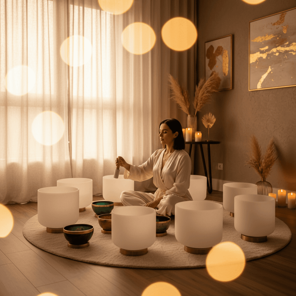A serene sound bath setup at Soul Art in Dubai, with crystal bowls and a gong, illustrating the concepts of post-death sound and auditory wellness led by Larissa Steinbach.