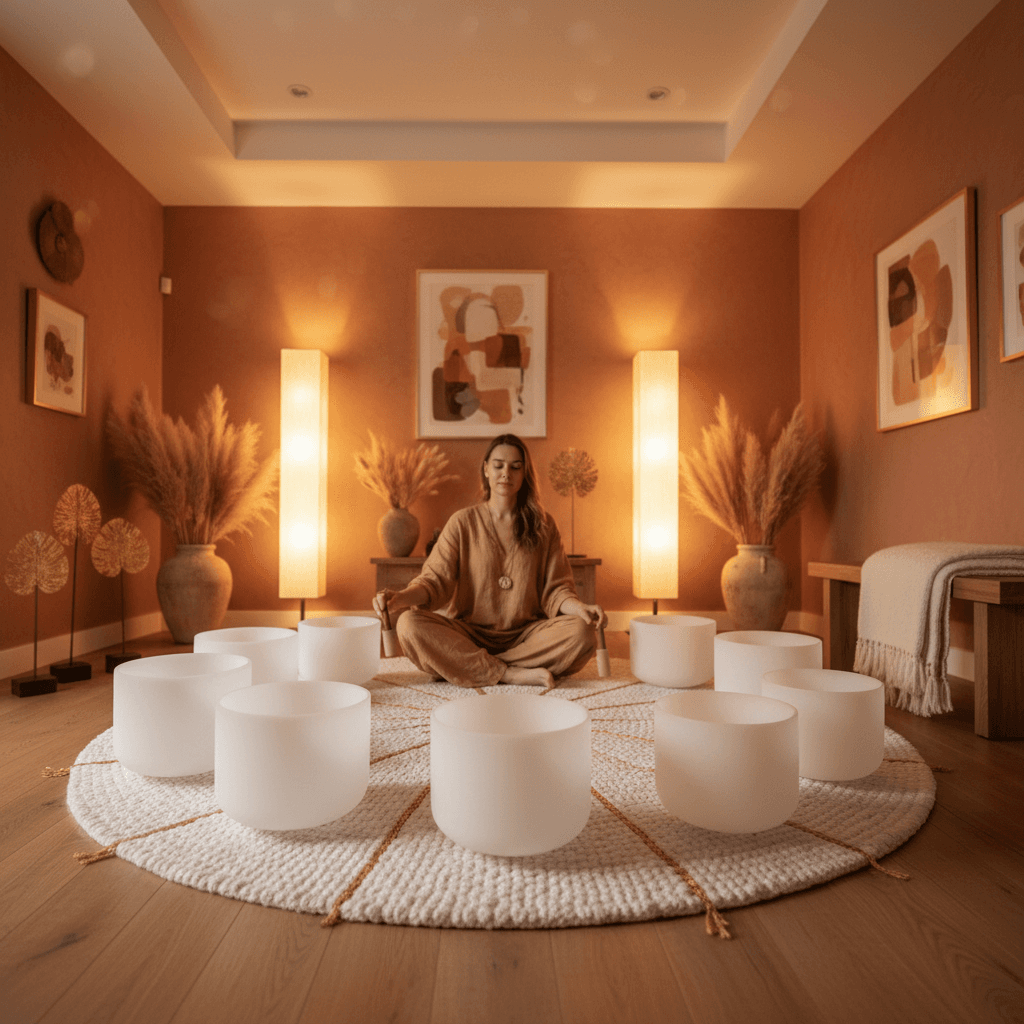 Eine beruhigende Szene in einem Klangheilungsstudio von Soul Art Dubai, mit Larissa Steinbach, die Klangschalen für eine schnellere post-operative Genesung vorbereitet.