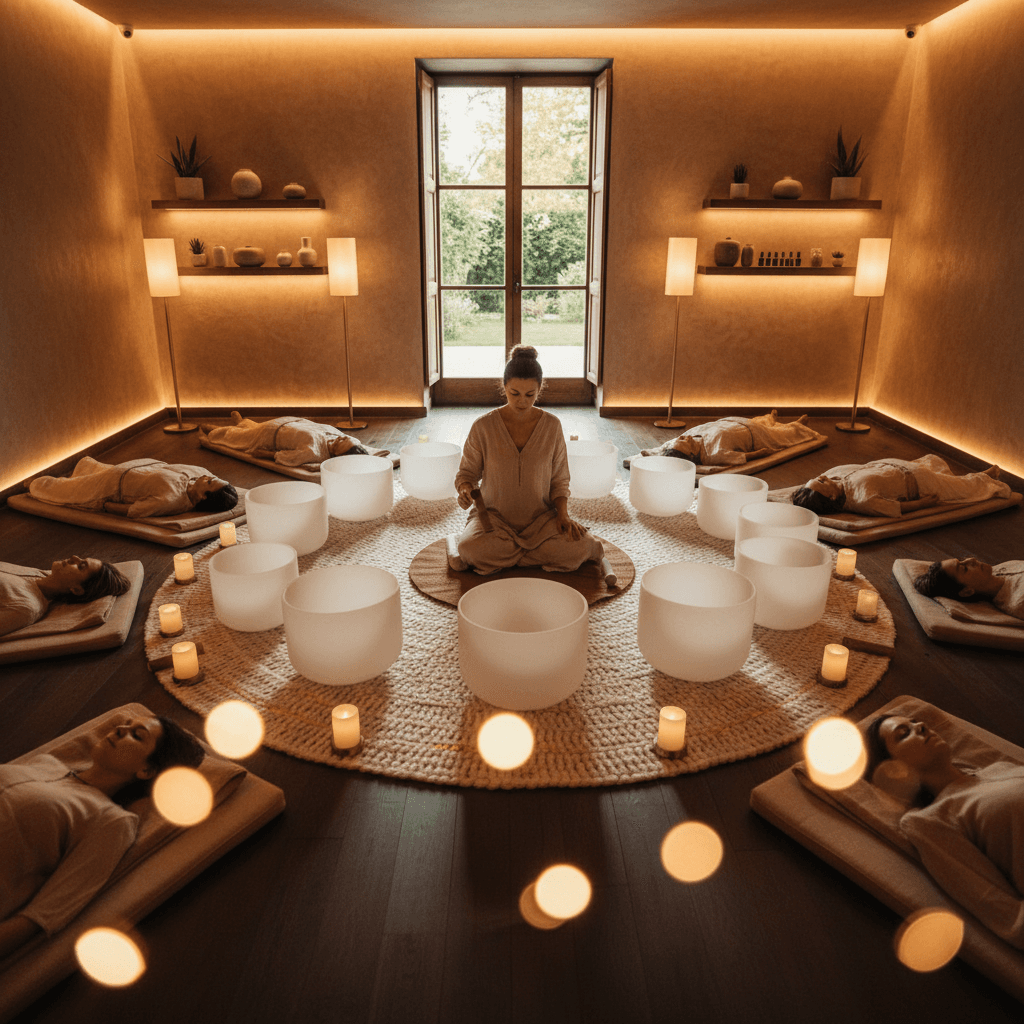 A person in a serene meditation pose, enveloped by gentle light and sound waves, symbolizing post-traumatic growth and transformation facilitated by Soul Art's sound wellness methods with Larissa Steinbach.