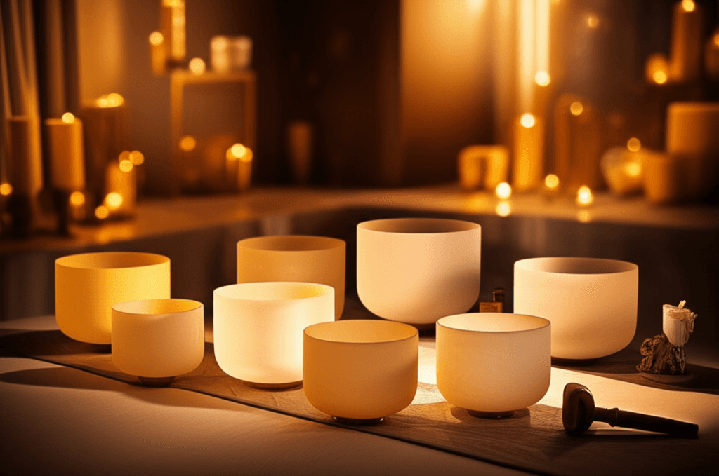 Soul Art sound healing studio in Dubai, led by Larissa Steinbach, showing singing bowls and gongs for post-treatment recovery and deep relaxation. A client is shown experiencing sound wellness with various instruments.