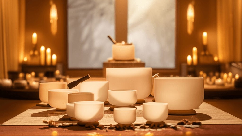 Larissa Steinbach of Soul Art Dubai guiding a new mother through a gentle sound bath with crystal bowls, offering serene support for postpartum depression awareness and wellness.