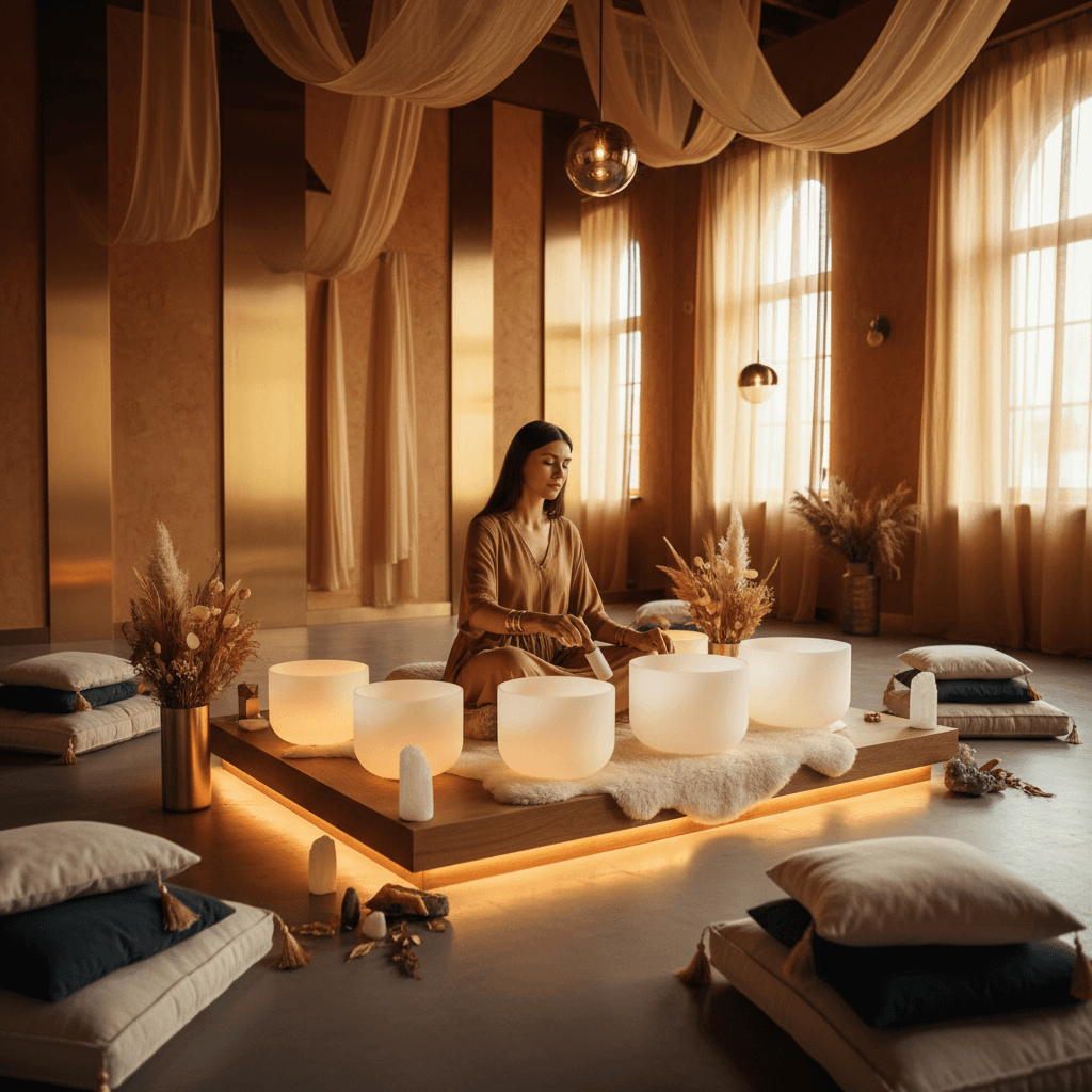 A tranquil image of a new mother practicing sound wellness at home with singing bowls and headphones, embodying the peaceful support offered by Soul Art Dubai and founder Larissa Steinbach.