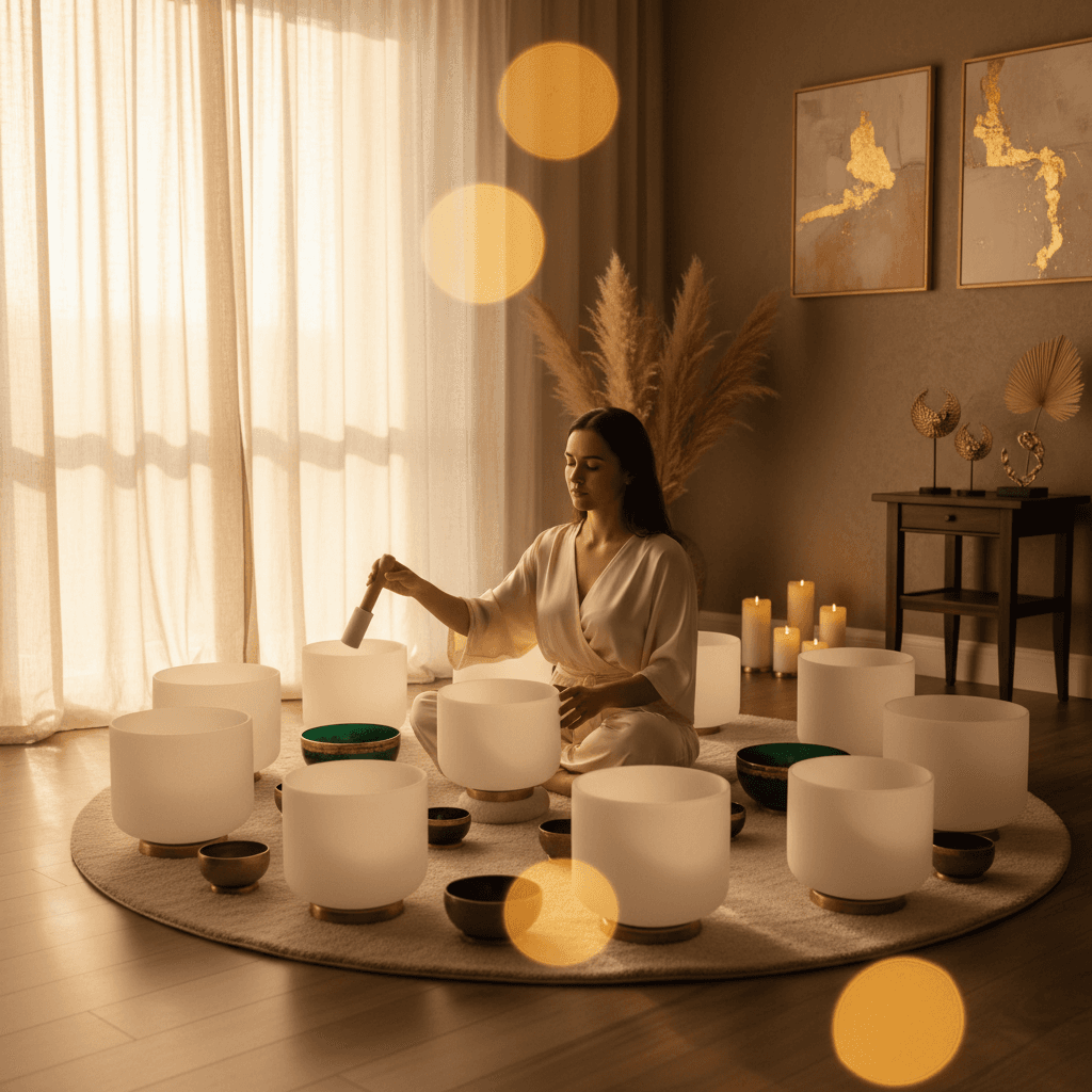 لاريسا ستاينباخ في استوديو سول آرت، دبي، تقود جلسة رفاهية صوتية لتعزيز التعلم الموسيقي وتنمية المهارات الإدراكية واللغوية، مما يبرز نهجها الفريد في العلاج بالصوت.