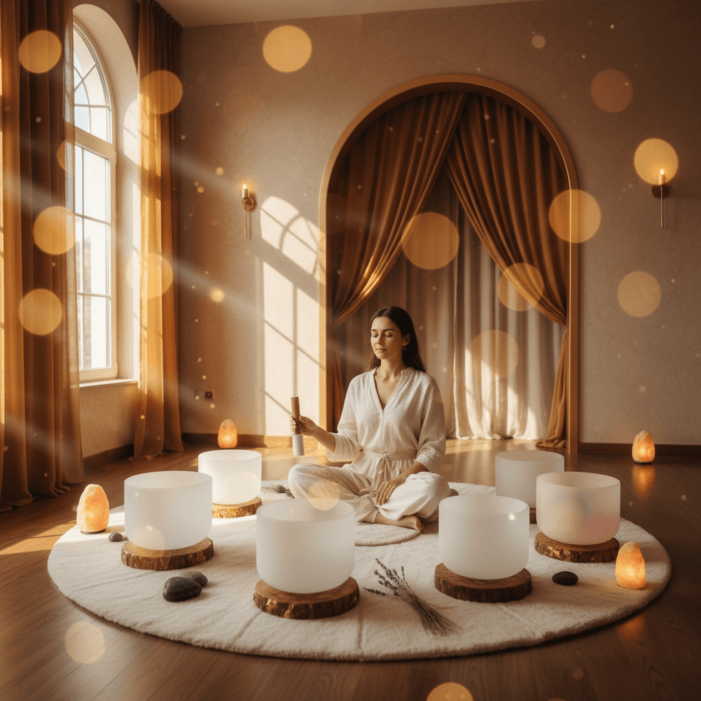 Eine ruhige Szene, die die synergetische Wirkung von Gebet und Klang mit schwebenden Elementen und sanften Farbtönen darstellt. Inspiriert von Larissa Steinbachs Vision bei Soul Art Dubai, symbolisiert das Bild innere Harmonie und Wohlbefinden.