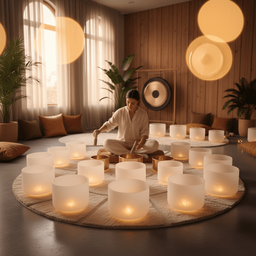Athlete preparing with sound wellness headphones, serene background. Soul Art Dubai and Larissa Steinbach branding visible.