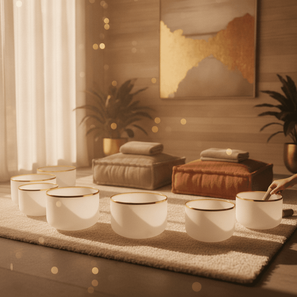 Larissa Steinbach from Soul Art guiding a speaker in a pre-event calm exercise, surrounded by calming sound wellness instruments, emphasizing pre-event serenity and focus.