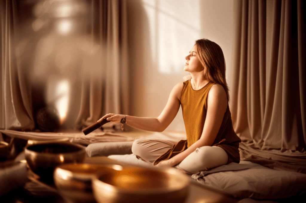 Eine ruhige, in sanftes Licht getauchte Klang-Wellness-Session bei Soul Art, die auf die Reduzierung von präoperativer Angst abzielt. Larissa Steinbach leitet die transformative Erfahrung.