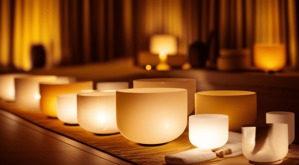 A serene setting with singing bowls and other sound wellness instruments, reflecting the peaceful atmosphere created by Larissa Steinbach at Soul Art Dubai for pre-treatment relaxation.