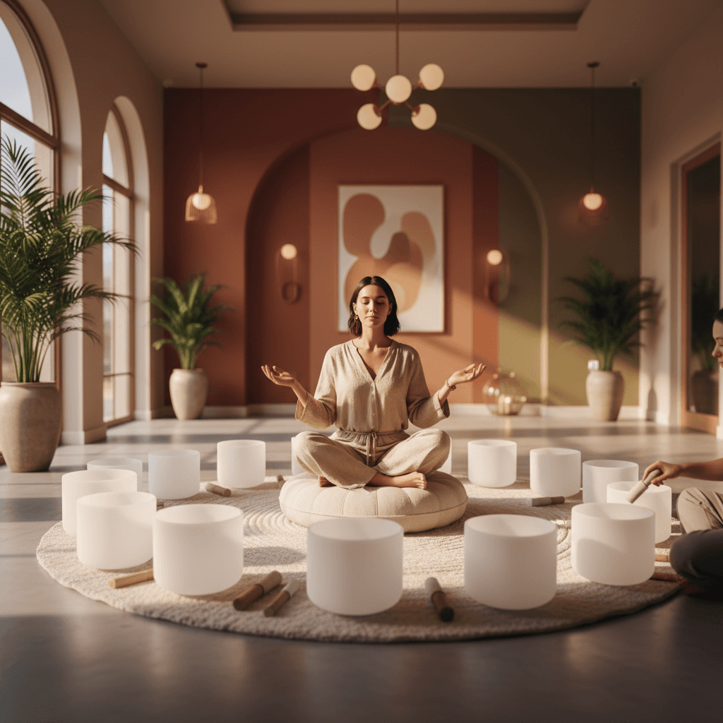 A bride-to-be experiences serene relaxation with singing bowls at Soul Art Dubai, guided by Larissa Steinbach, finding pre-wedding calm through sound wellness.