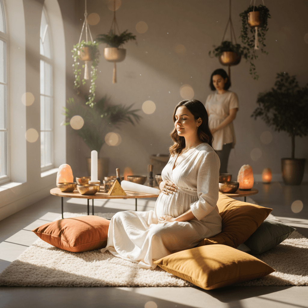 A pregnant woman relaxing in a serene, softly lit studio, with subtle light hues, embodying peace and safety. Soul Art, founded by Larissa Steinbach, provides gentle wellness experiences.