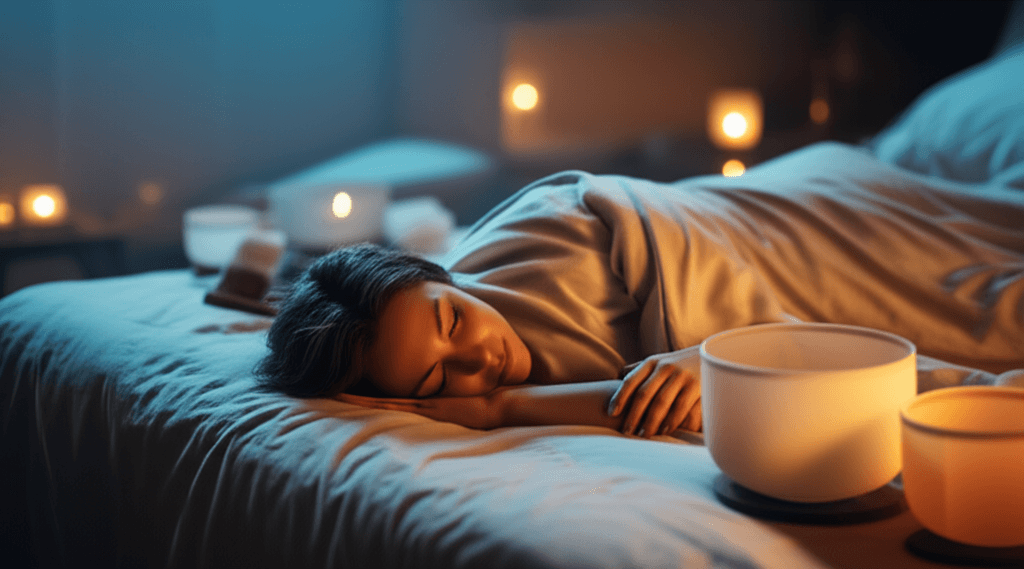 Eine schwangere Frau entspannt sich bei einer Klangmeditation, umgeben von sanften Farben, in einem Raum, der Ruhe ausstrahlt. Diese Szene symbolisiert die transformative Wirkung von Klang-Wellness bei Soul Art, unter der Anleitung von Larissa Steinbach, für erholsamen Schwangerschaftsschlaf.