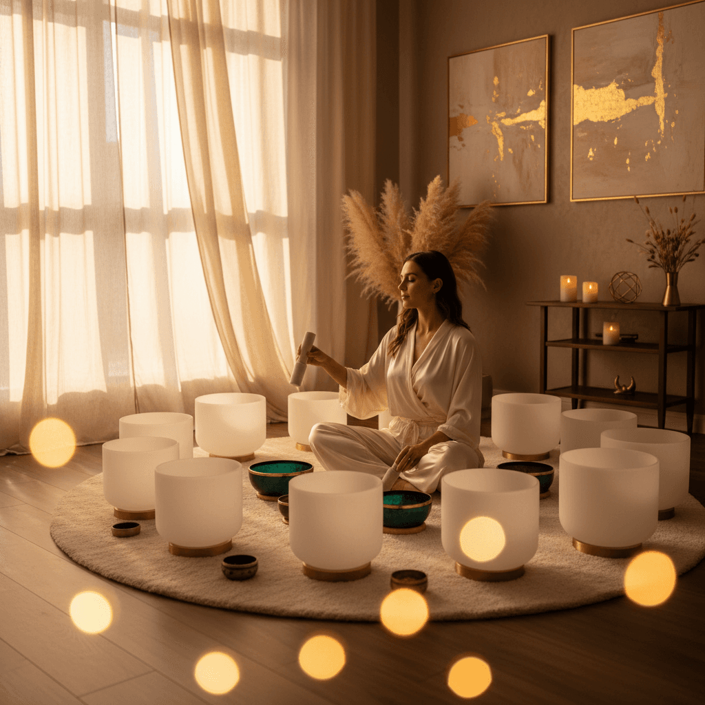 Larissa Steinbach guiding a premium sound healing session at Soul Art Dubai, featuring crystal singing bowls and ambient lighting for a luxury wellness experience at Soul Art.
