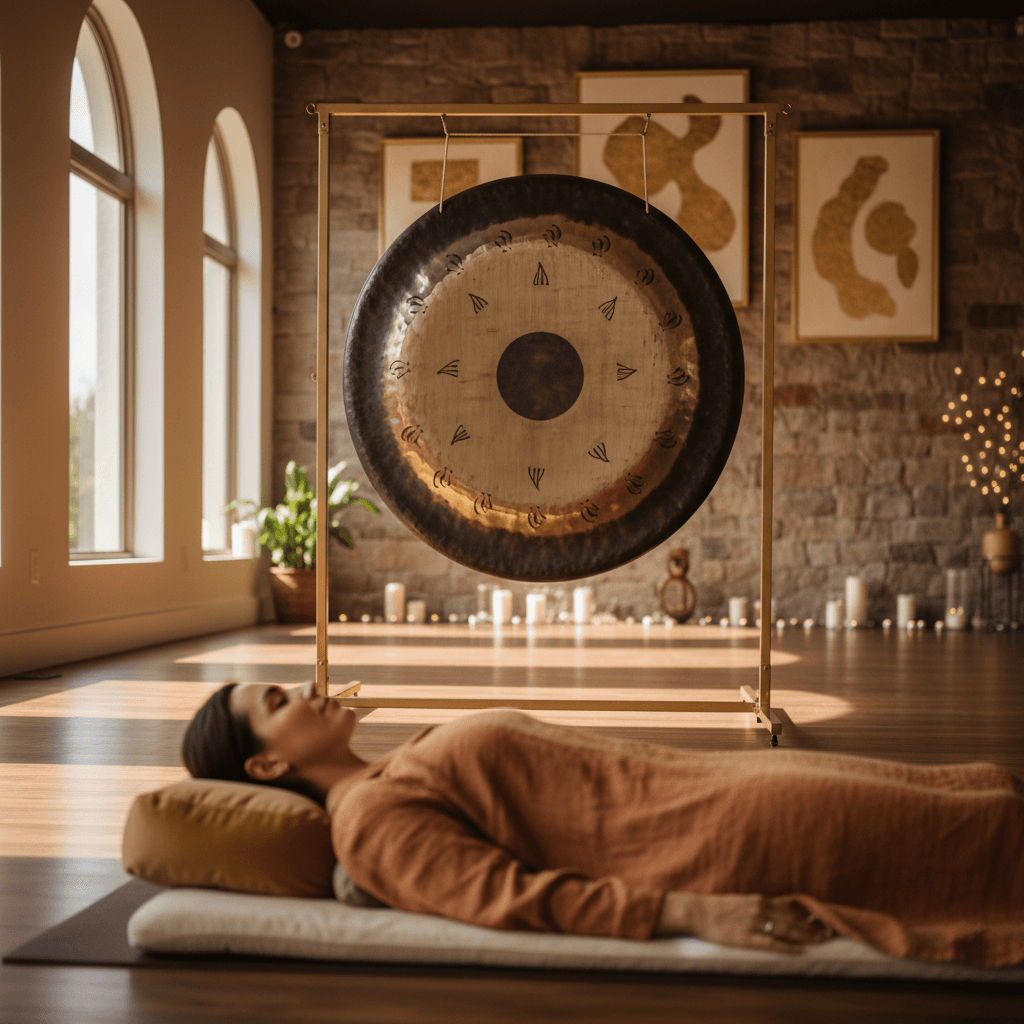 A pregnant woman comfortably resting during a sound bath session at Soul Art Dubai, guided by Larissa Steinbach, surrounded by soft lighting and singing bowls.