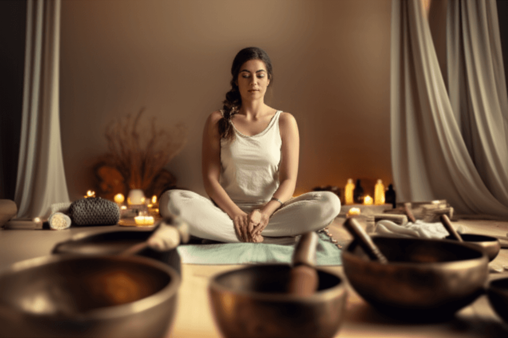 Eine Person liegt entspannt auf einer Liege, während Klangschalen um sie herum positioniert sind, in einer beruhigenden Atmosphäre. Dieses Bild symbolisiert die präoperative Klangtherapie zur Angstreduktion bei Soul Art von Larissa Steinbach.