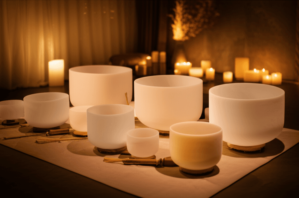A tranquil sound healing session in progress at Soul Art Dubai, with various singing bowls and gongs. Larissa Steinbach's studio offers a serene environment for vibrational wellness and deep relaxation.