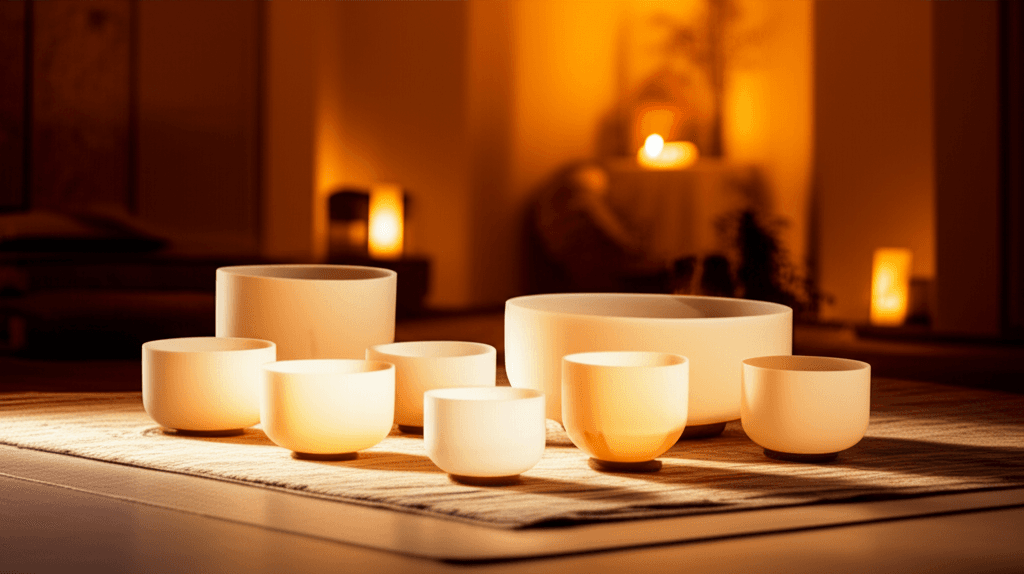 A Soul Art sound healing session led by Larissa Steinbach, featuring various singing bowls and a tranquil setting, illustrating the profound value exchange in wellness.