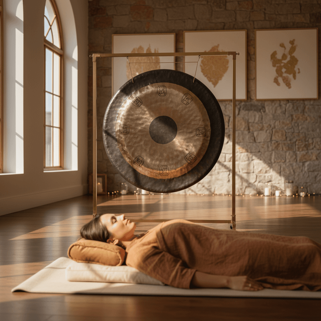 Larissa Steinbach of Soul Art Dubai facilitating a serene private family sound bath with singing bowls and gongs, creating a harmonious wellness experience.