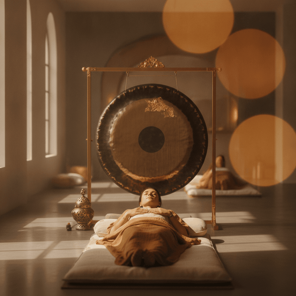 A group of friends relaxing during a private sound bath session at Soul Art Dubai, guided by Larissa Steinbach, surrounded by crystal and Tibetan singing bowls, promoting deep relaxation and well-being.