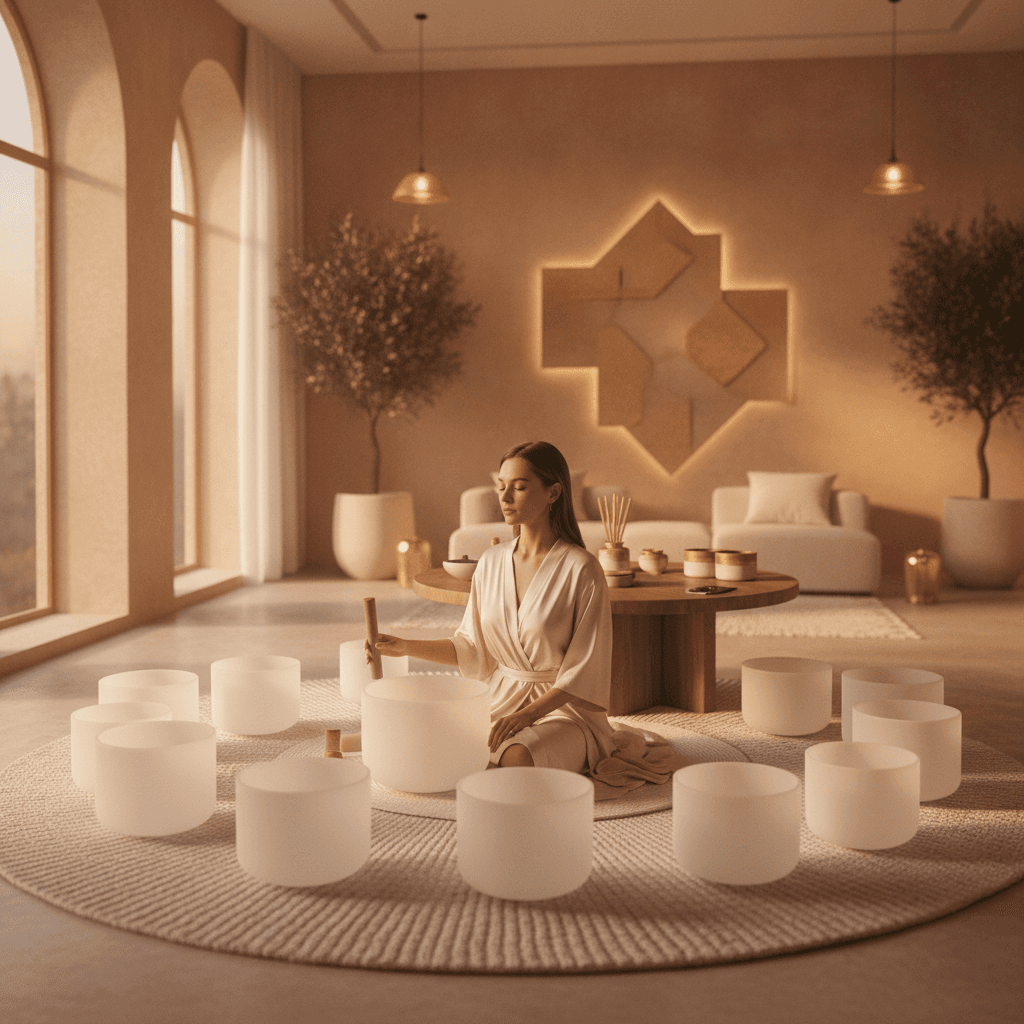 A serene image of a sound bath setting with crystal bowls and gongs, representing Soul Art's dedication to holistic wellness, guided by Larissa Steinbach. Focus on private session etiquette and deep relaxation in Dubai.
