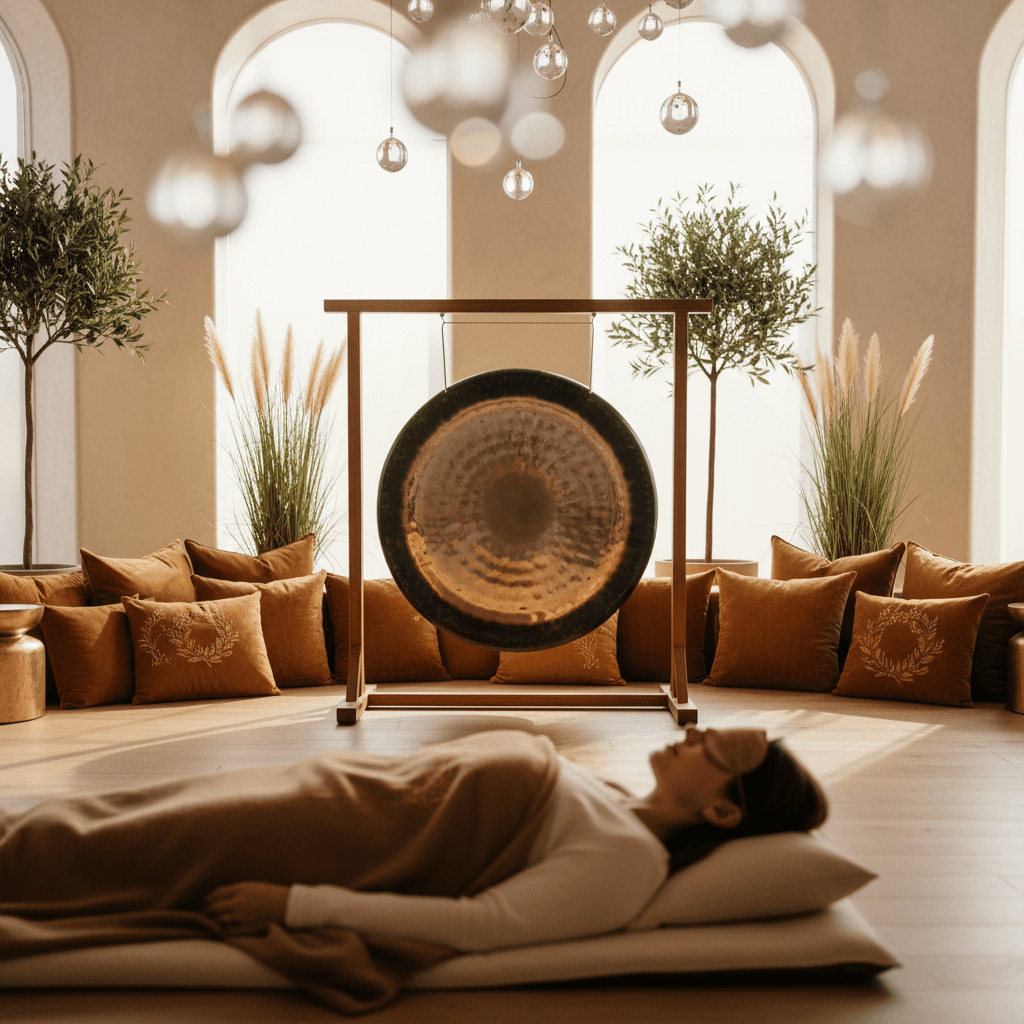 Larissa Steinbach leading a serene private sound bath at home with Himalayan singing bowls, embodying the Soul Art wellness experience in Dubai.