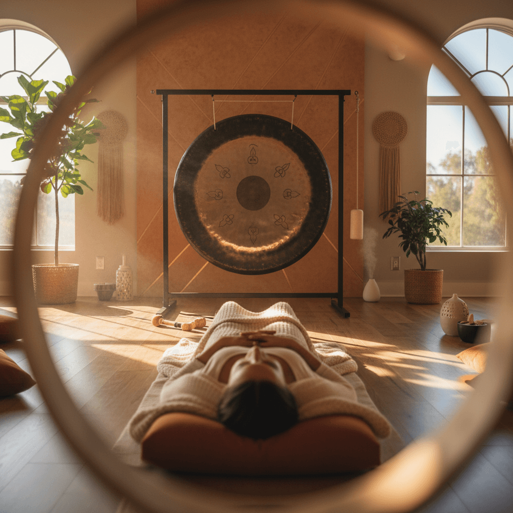 A private sound bath setting at Soul Art Dubai, featuring crystal singing bowls and soft lighting, representing a digital detox journey guided by Larissa Steinbach.