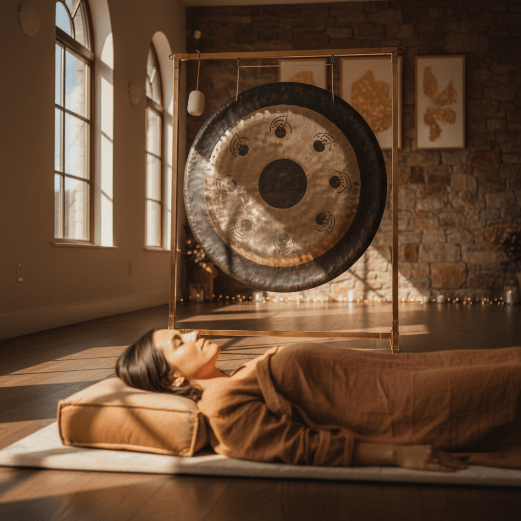 A serene image of a woman receiving a private sound bath, with crystal singing bowls glowing softly, emphasizing tranquility and healing. Features the elegant setting of Soul Art Dubai, founded by Larissa Steinbach, perfect for jet lag recovery and deep wellness.