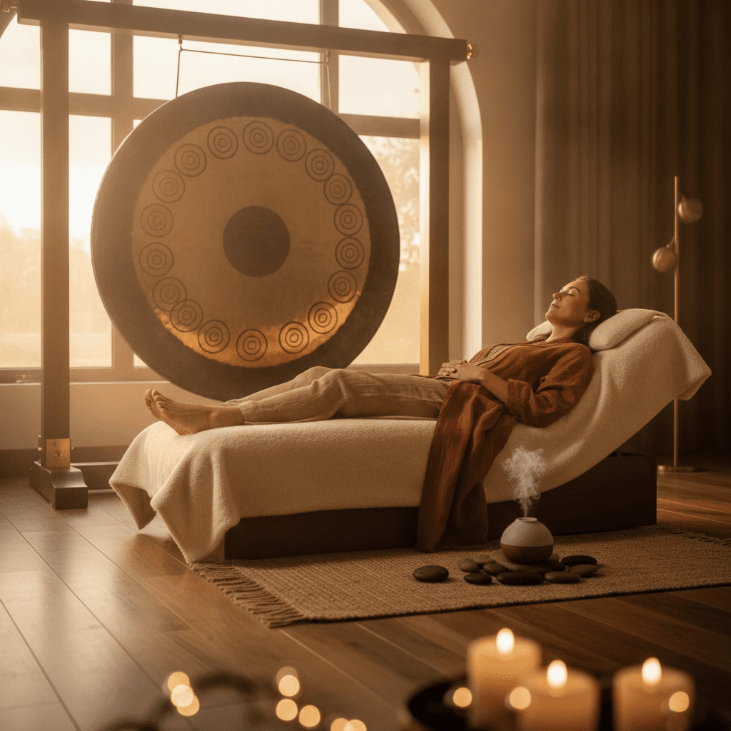A person peacefully reclines amidst glowing crystal singing bowls during a private sound bath session at Soul Art Dubai, guided by Larissa Steinbach, symbolizing deep relaxation and bespoke sound healing.