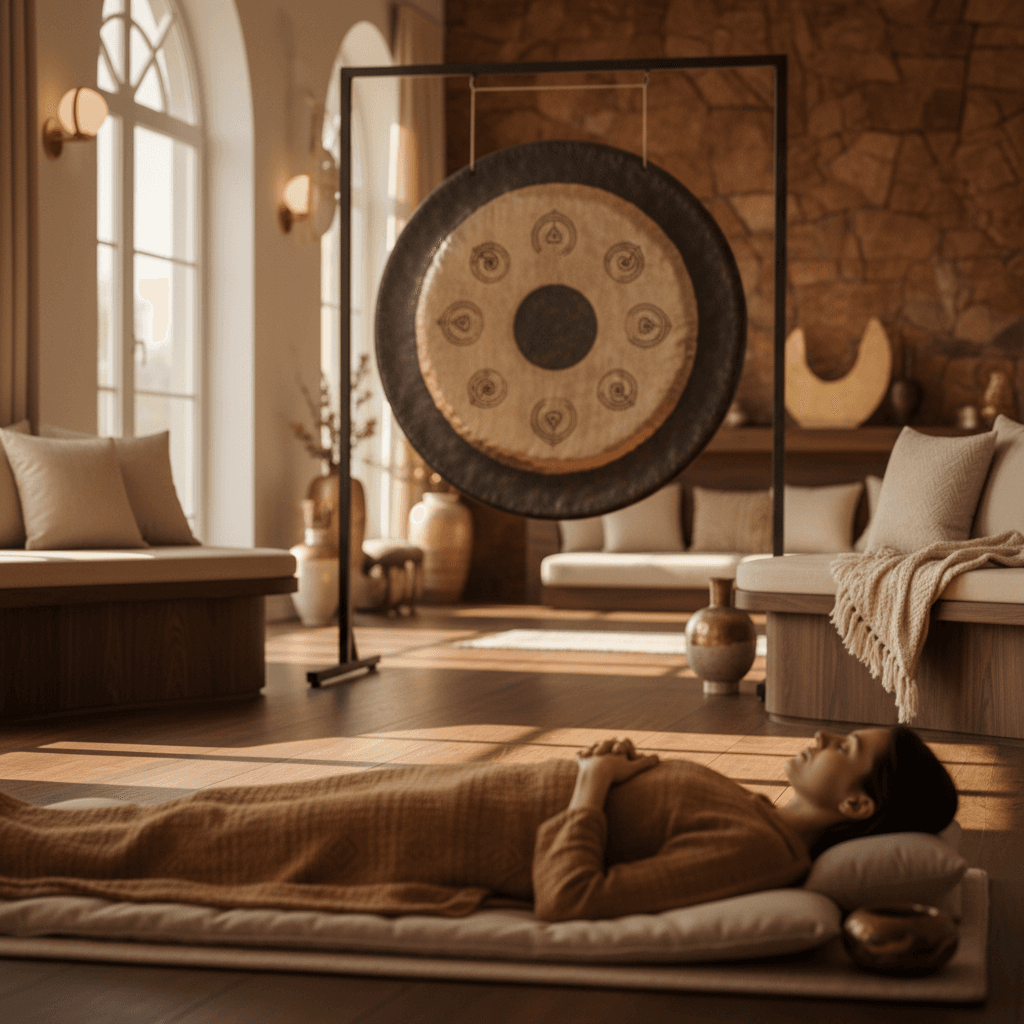 A tranquil image featuring crystal singing bowls and soft light, evoking peace and relaxation, representing the sound wellness journey offered by Soul Art and founder Larissa Steinbach.