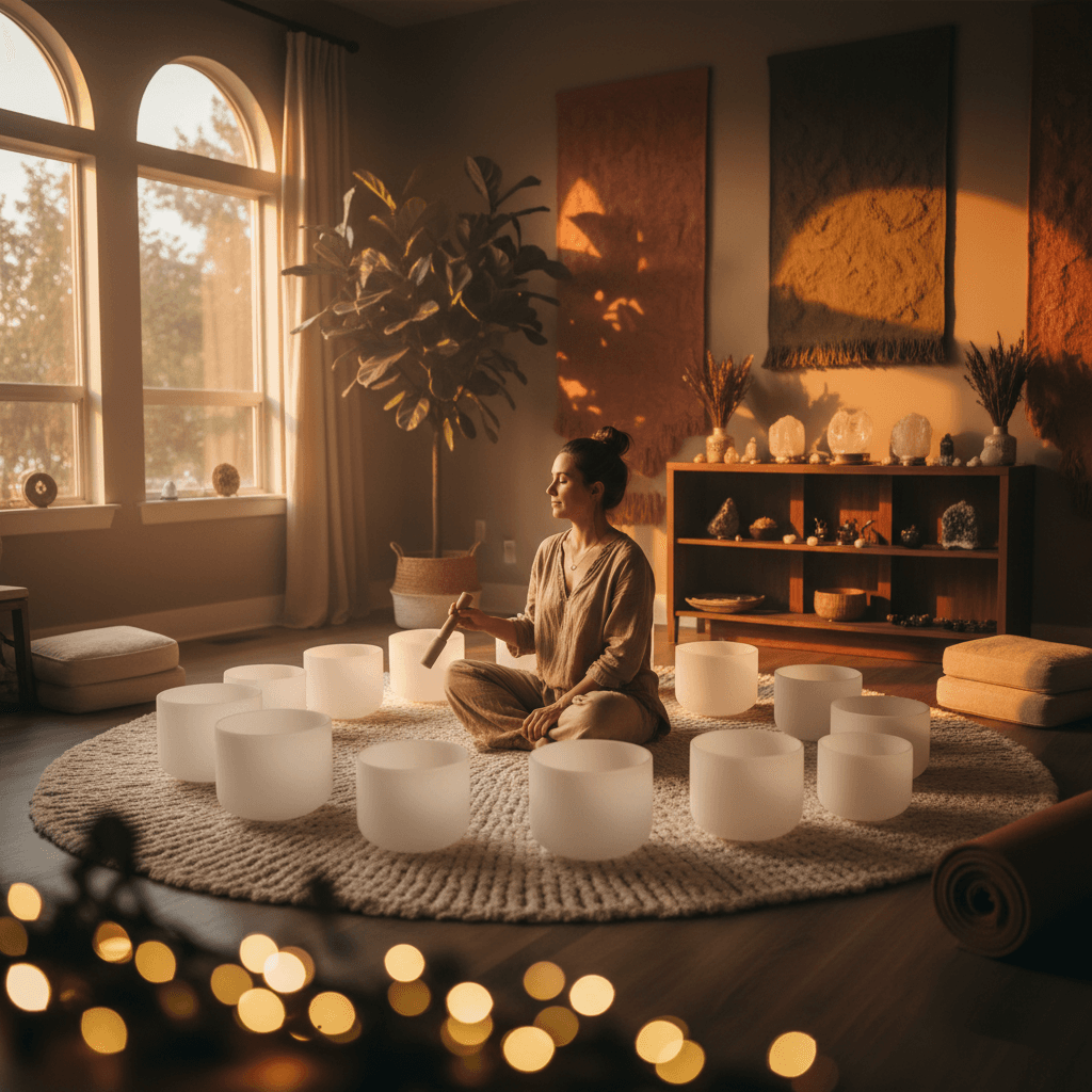 Larissa Steinbach von Soul Art leitet eine Klang-Wellness-Sitzung, die Professoren hilft, akademischen Druck durch beruhigende Klänge und Achtsamkeit zu lindern, um ihr Wohlbefinden zu steigern.