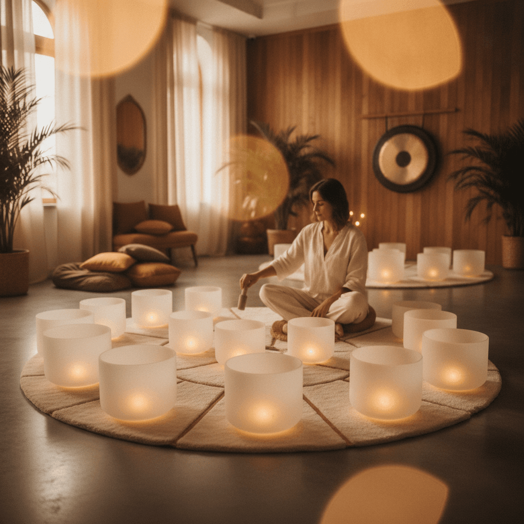 A serene image of a sound bowl resonating on a vibroacoustic bed, with gentle light, representing a Soul Art session led by Larissa Steinbach for deep relaxation, nervous system regulation, and neurological support in Dubai.