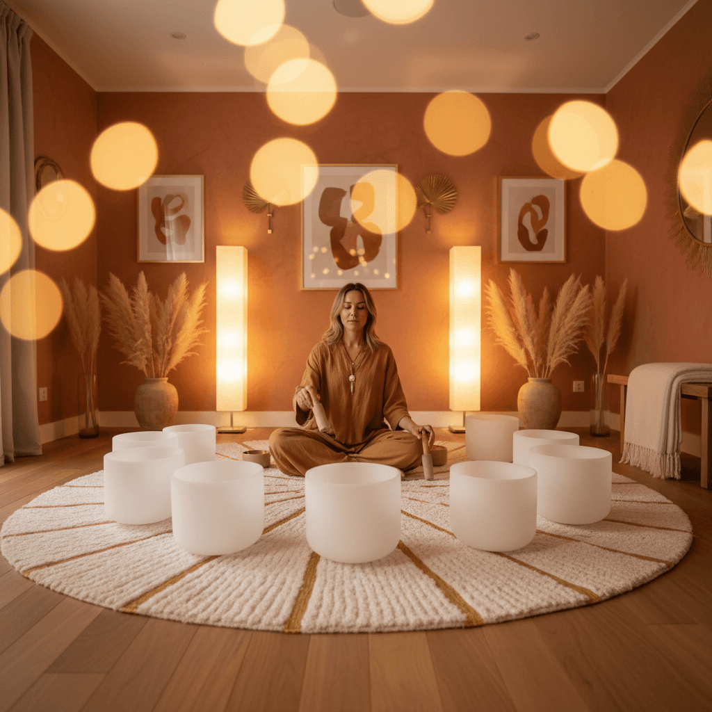Eine Person entspannt sich während einer Klangsitzung bei Soul Art Dubai, um ihre Propriozeption und Körperwahrnehmung zu stärken. Eine Klangschale liegt auf ihrem Bauch, um die Resonanz zu spüren, während Larissa Steinbach eine transformierende Klangreise leitet.