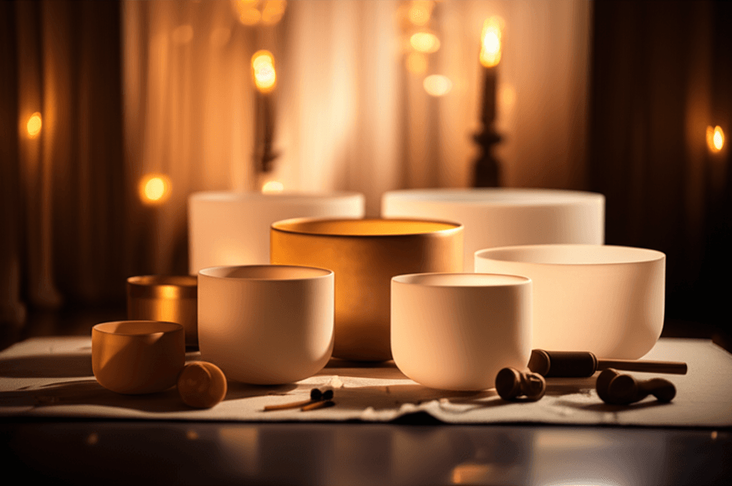 A tranquil image depicting sound waves gently flowing over a meditating figure, with crystal bowls in the foreground, representing the Soul Art and Larissa Steinbach approach to sound healing.