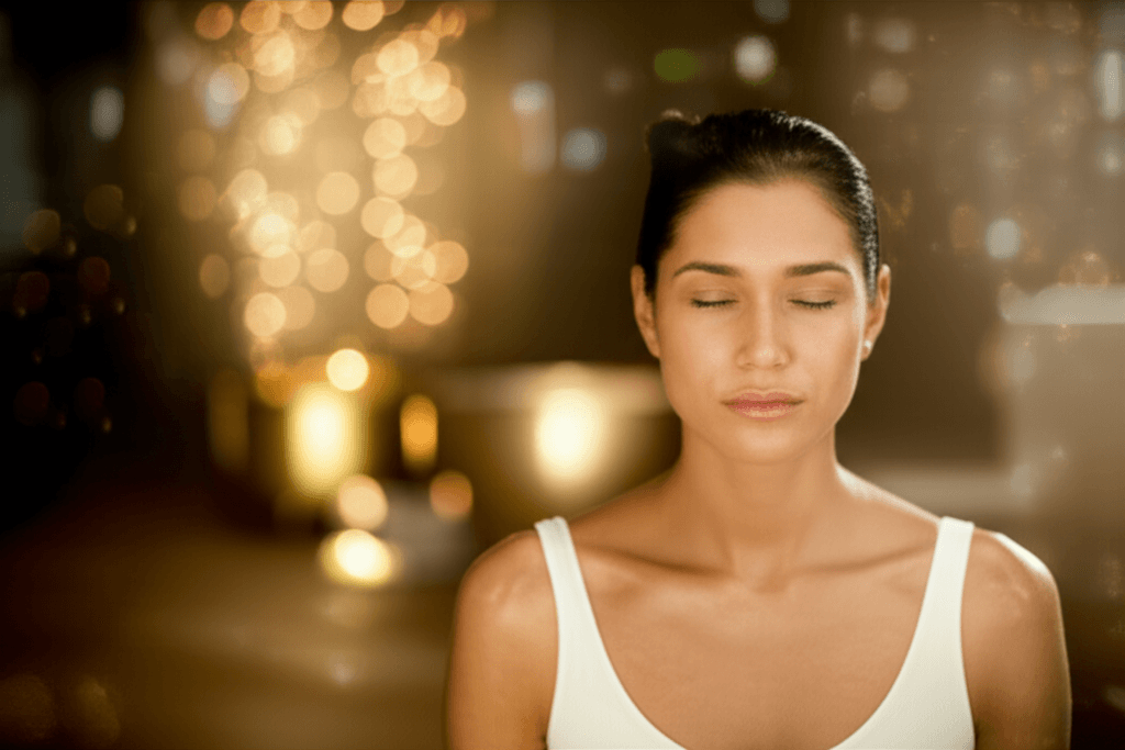 A tranquil sound healing session at Soul Art Dubai, guided by Larissa Steinbach, featuring crystal singing bowls and gongs, illustrating the connection between psychoneuroimmunology and immune system wellness.