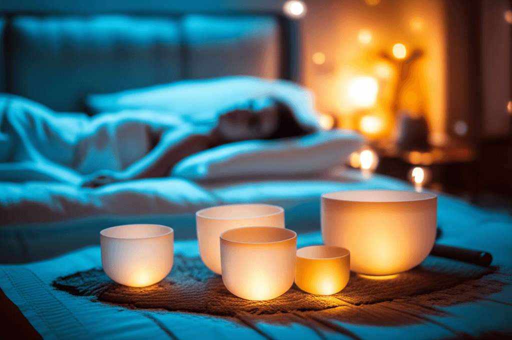 A person in a peaceful meditation pose surrounded by glowing sound bowls, representing the calming effect of Soul Art's sound therapy for PTSD and sleep, guided by Larissa Steinbach.