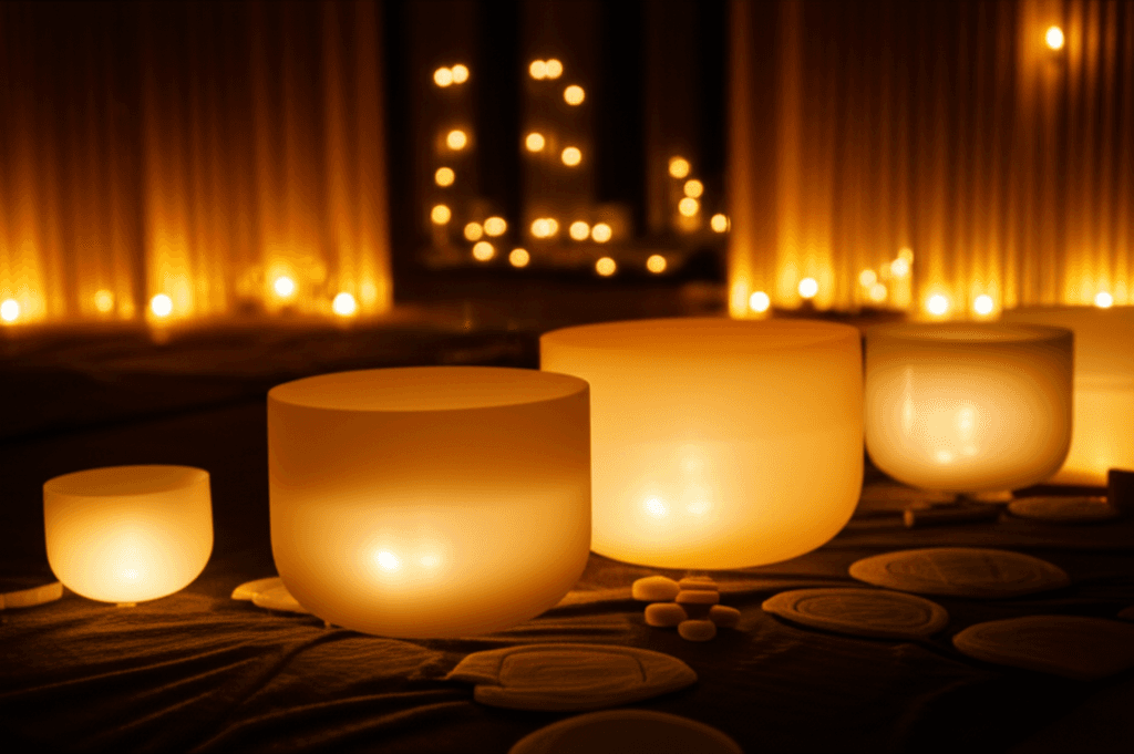 Larissa Steinbach leads a sound healing session at Soul Art Dubai, with crystal singing bowls and gongs creating a serene atmosphere for trauma recovery through sound wellness.