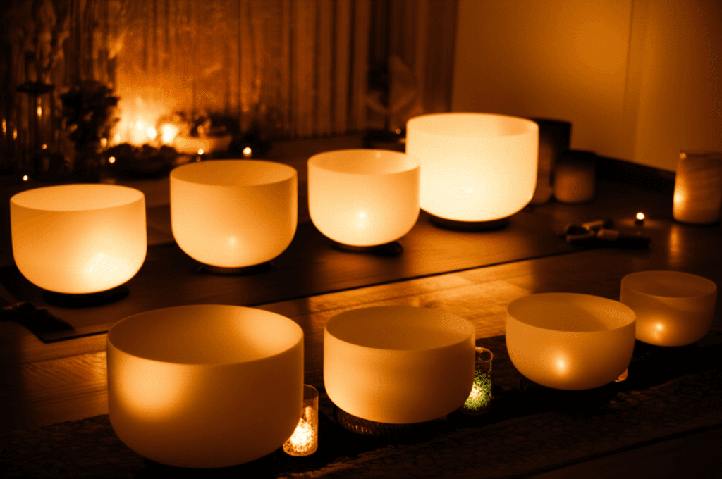 A tranquil scene of sound bowls on a cushion, radiating gentle light, representing the calming effect of sound therapy for PTSD and trauma recovery at Soul Art Dubai, led by Larissa Steinbach.