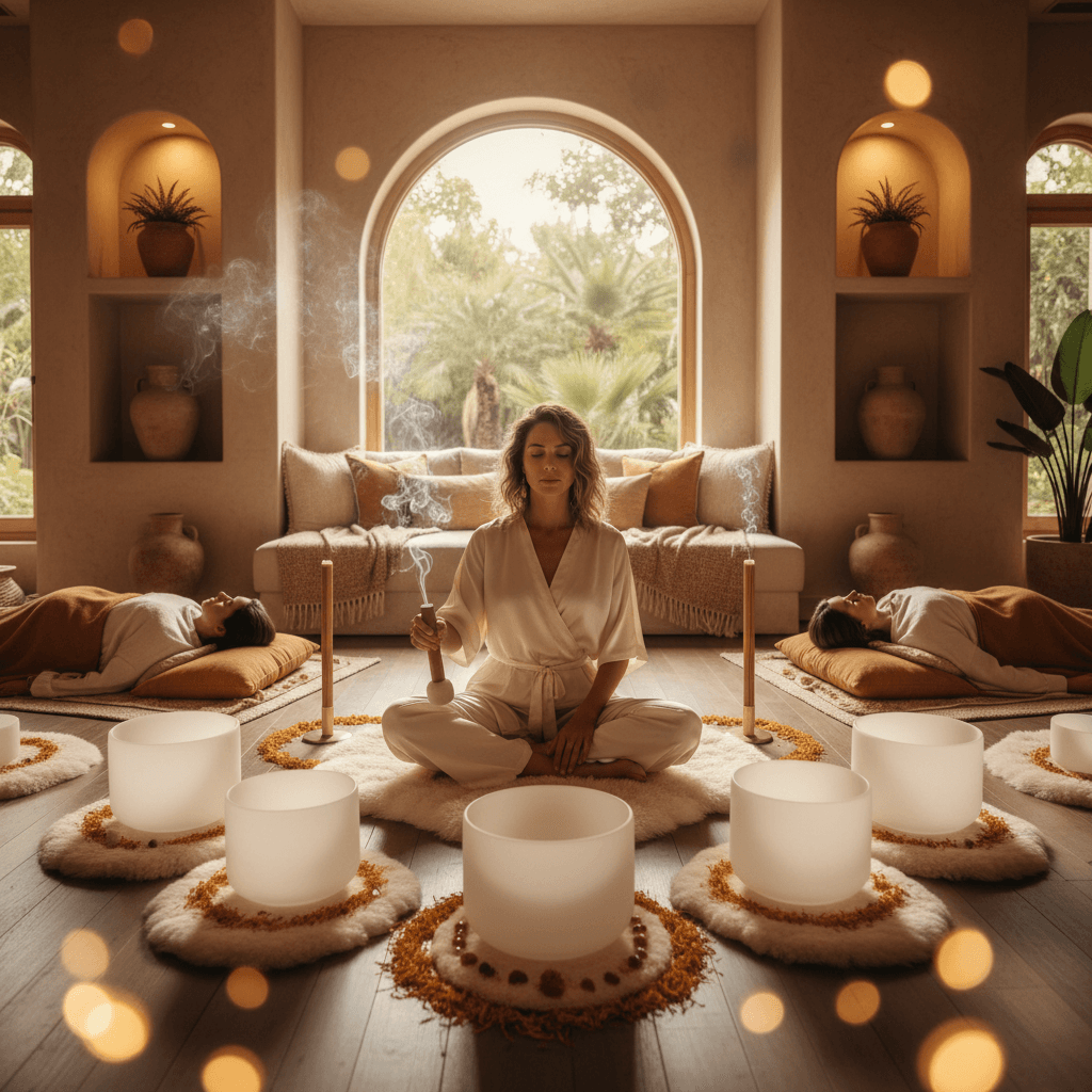 A focused public defender in a stressful courtroom setting, contrasted with serene sound bowls and gongs, representing the potential for sound wellness to offer peace and clarity amidst high-volume practice. Features Soul Art and Larissa Steinbach branding.