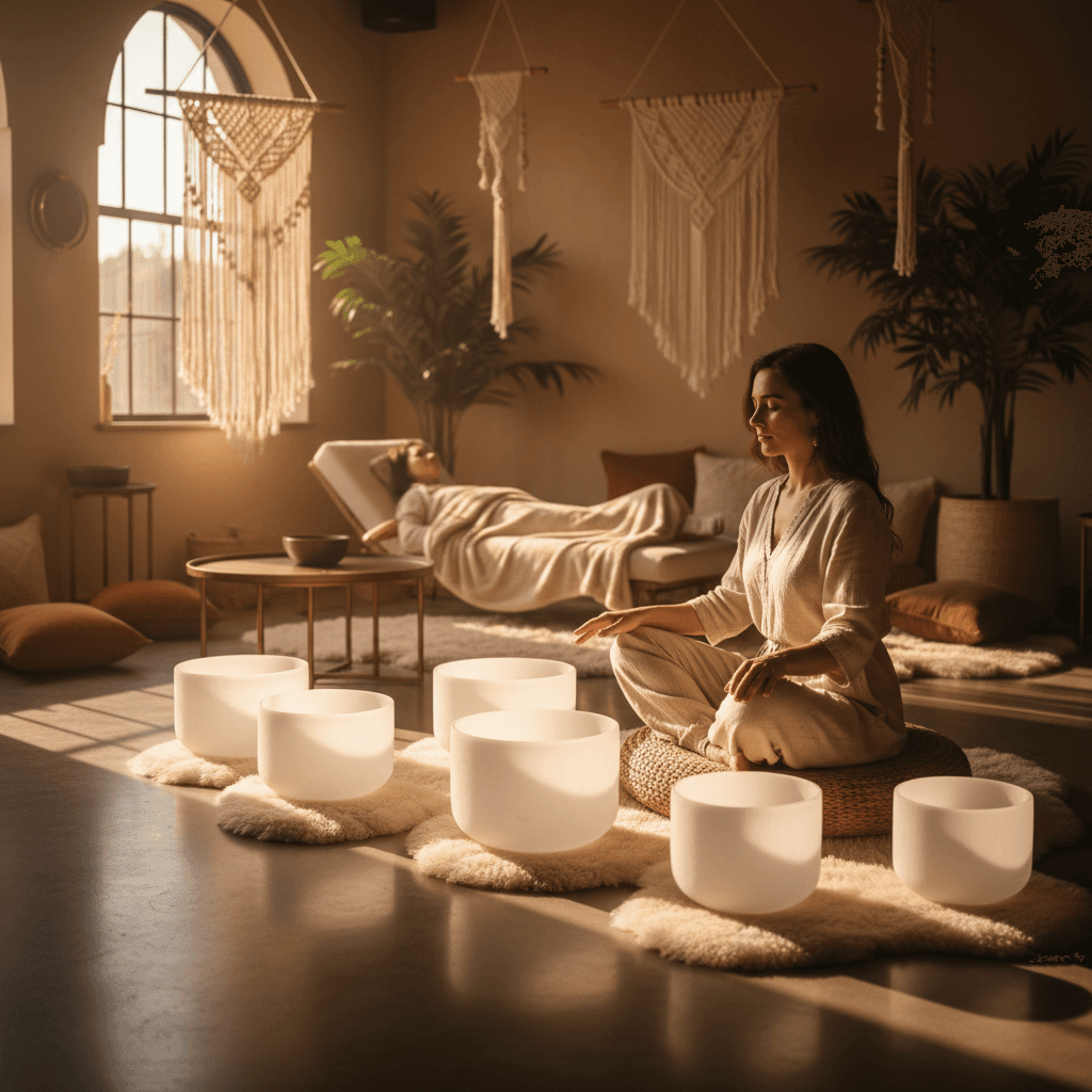 An ethereal image of ancient pyramids bathed in golden light, with subtle sound waves emanating. Soul Art and Larissa Steinbach branding prominently featured, symbolizing the blend of ancient wisdom and modern sound wellness.