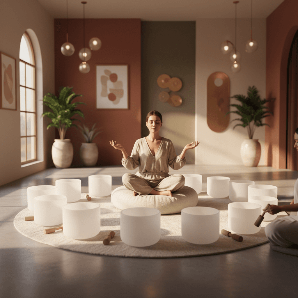 Klangschalen und Gongs in einem modernen, beruhigenden Studio, Symbol für Soul Art Dubai und Larissa Steinbachs Fokus auf Quantenbiologie und Klang-Wellness für tiefes Wohlbefinden.
