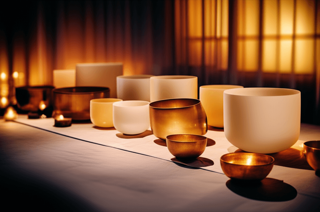 A serene sound bath setup with crystal bowls at Soul Art Dubai, illustrating the sound rituals for athletes developed by founder Larissa Steinbach.