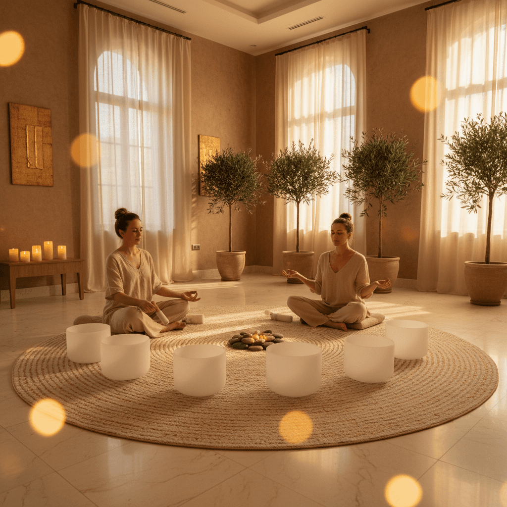 A serene individual meditating to gentle rain sounds in a luxurious setting, embodying the peaceful experience offered at Soul Art Dubai, founded by Larissa Steinbach.