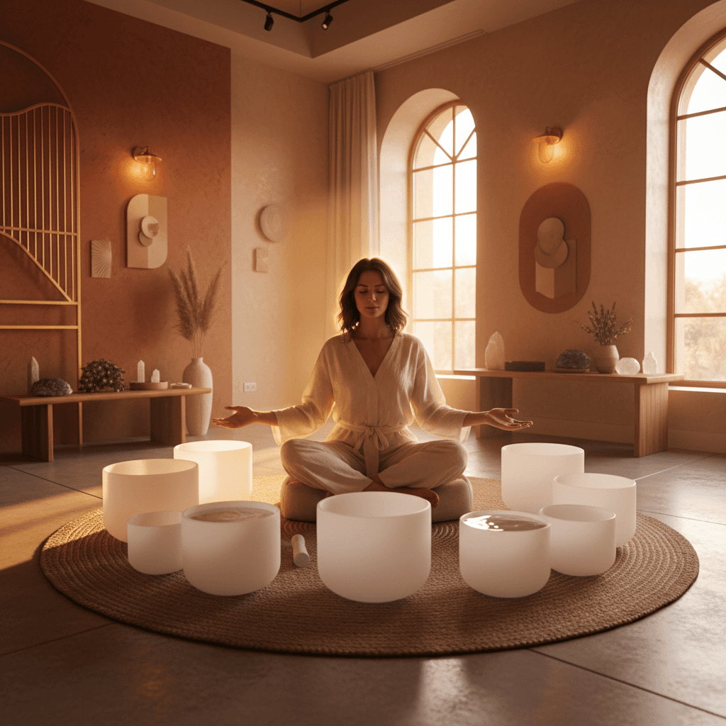 Larissa Steinbach von Soul Art Dubai in einer entspannenden Klang-Wellness-Sitzung, die das Konzept von aufgezeichneten Sitzungen für passives Einkommen und digitales Wohlbefinden verdeutlicht.